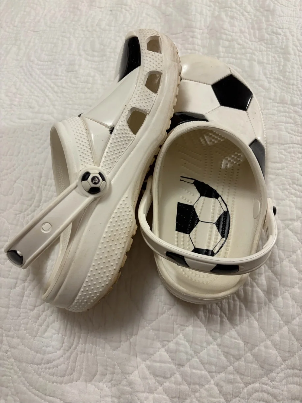 CROCS Kids Soccer-Pattern Clogs in White and Black